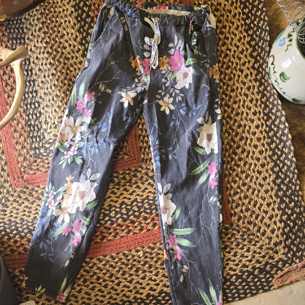 Floral Drawstring Cargo Pants - Black with Pink & White Blooms